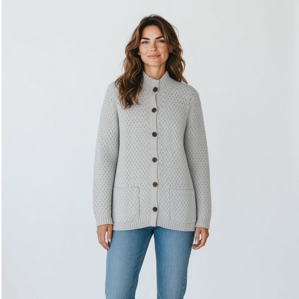 J. Jill Cardigan Sweater Mock Neck Womens MT Platinum Gray Textured Knit NWT
